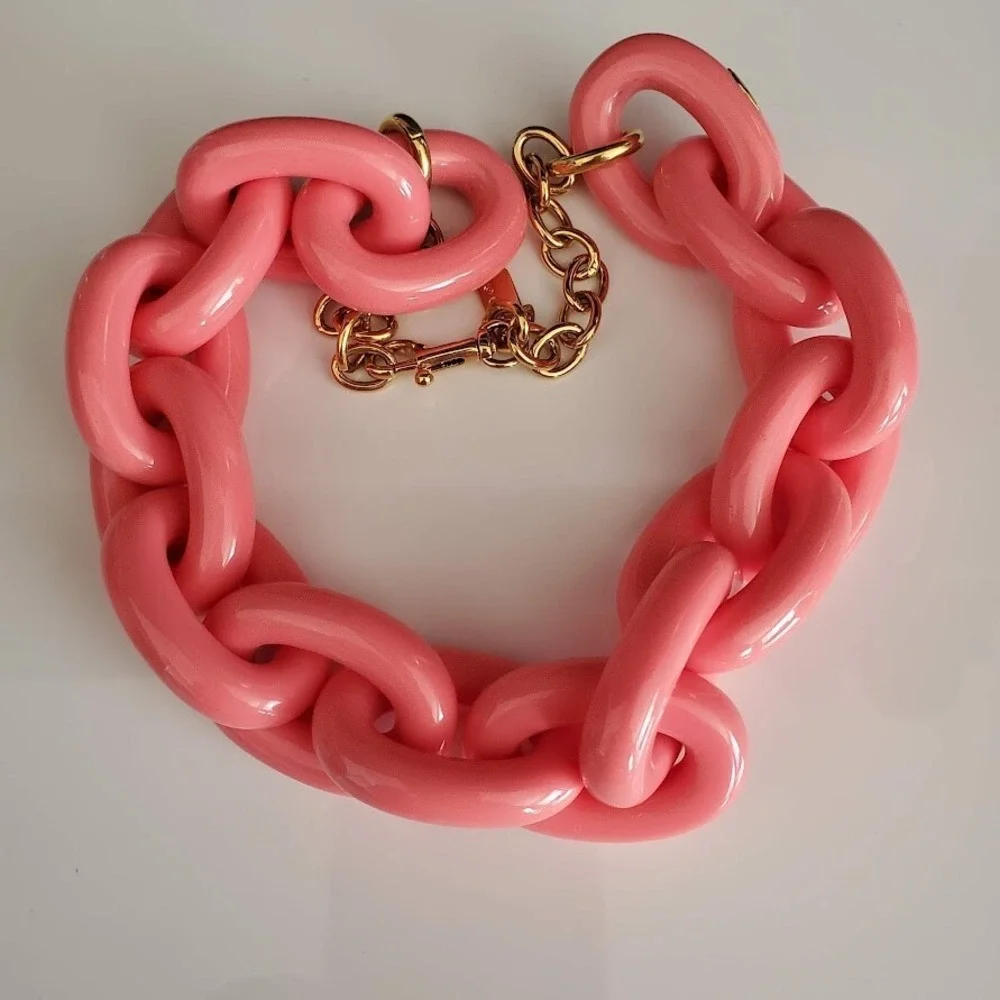 Coach Pink Acrylic Necklace Chunky Open Link Gold Tone‎ Chain Resort Cruise - Picture 3 of 6